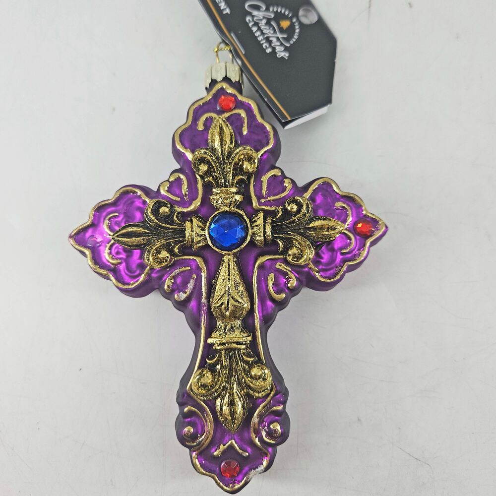 Purple blown glass ornate jeweled cross crucifix Glass Christmas Ornament